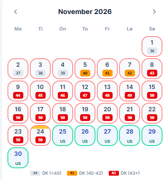 Kalender med 42-dages advarsel